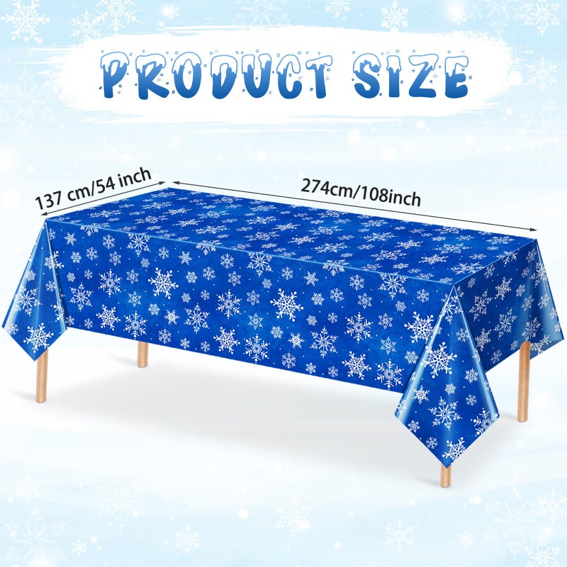 Jectivs 3 Pieces Christmas Snowflake Plastic Party Tablecloth Decorations White Snowflake Blue Xmas Backdrop Sign Table Cover Banner for Winter Christmas Holiday Party Supplies 54x108 inch (Blue) - Image 2